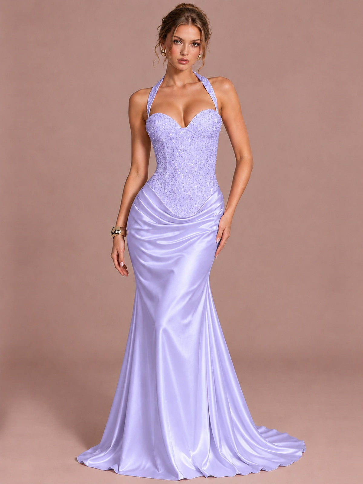 Lavender Sparkling Halter Corset Satin Mermaid Prom Dress Long Ruched Sequin Formal Gown Evening Party Dress