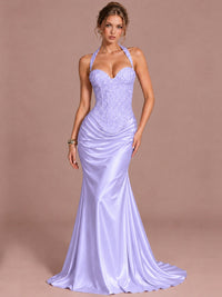 Lavender Sparkling Halter Corset Satin Mermaid Prom Dress Long Ruched Sequin Formal Gown Evening Party Dress