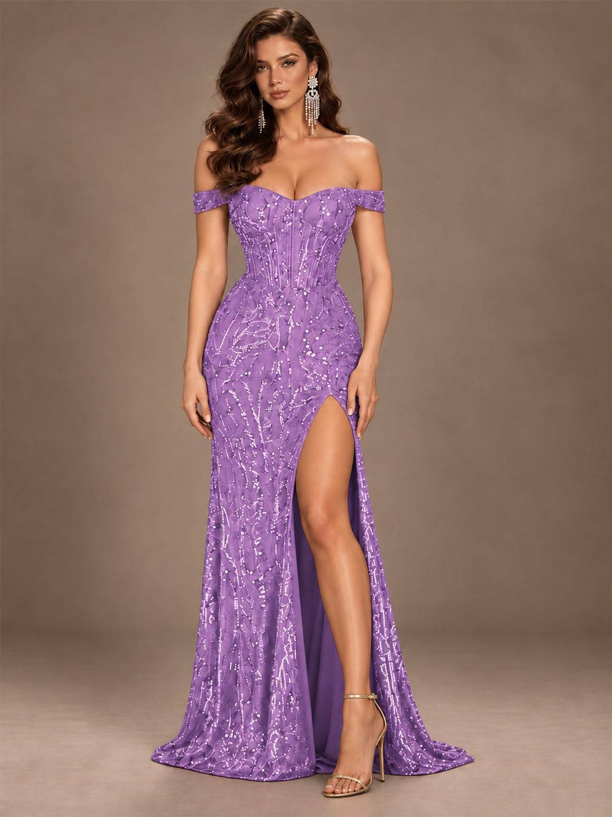 Off the Shoulder Corset Sequin Mermaid Prom Dress with Slit