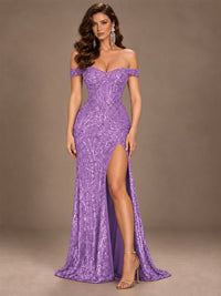 Off the Shoulder Corset Sequin Mermaid Prom Dress with Slit
