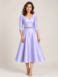 Lavender V-Neck Tea-Length Mother of the Bride Dress with Embellished Waist