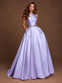 Satin A-Line Prom Dress Sleeveless Beaded Waist Formal Gown with Pockets