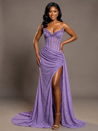 Lavender Strapless Sequin Corset Mermaid Prom Dress with High Slit & Train Sparkly Evening Formal Gown