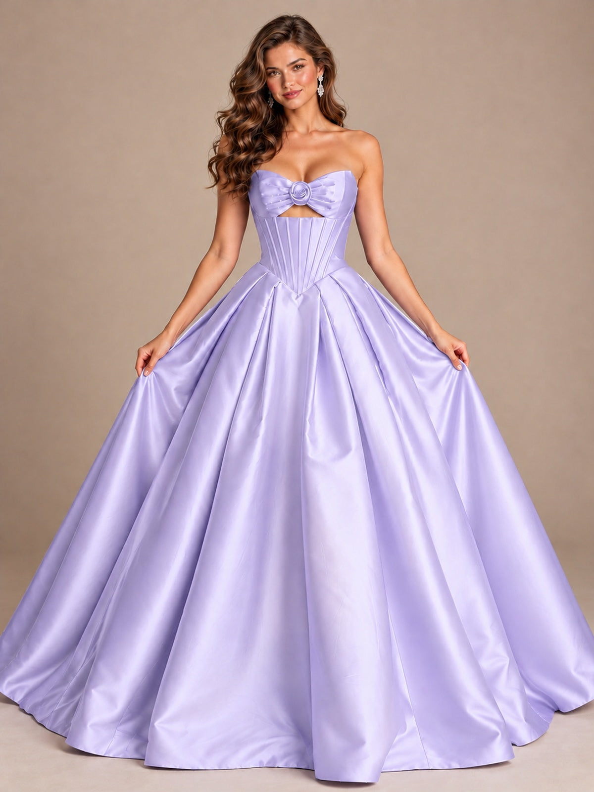 Pink Strapless Corset Satin Prom Derss & Ball Gown with 3D Floral