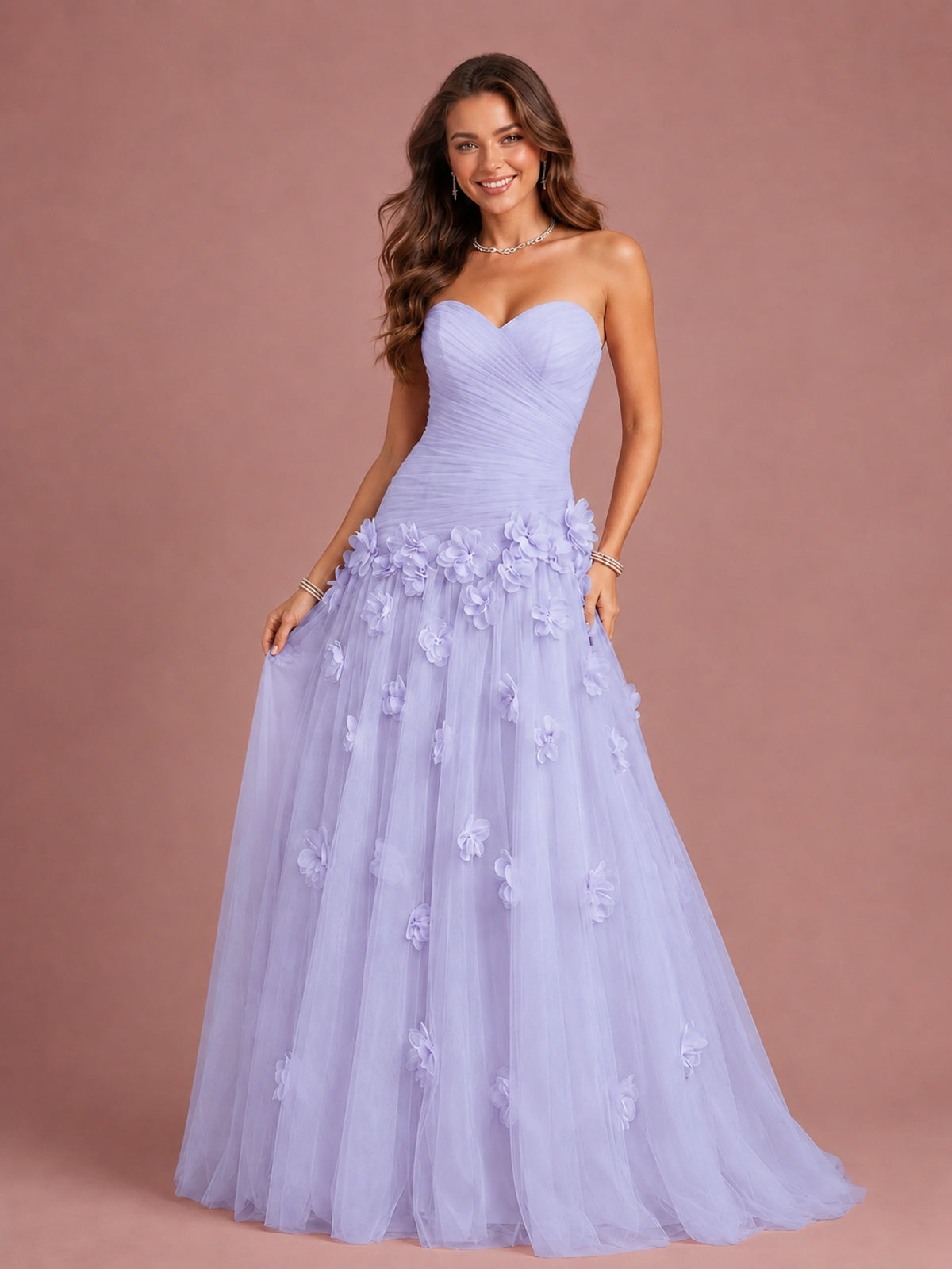 Blush Pink Strapless Sweetheart 3D Floral Tulle Ball Gown Prom Dres
