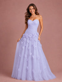 Blush Pink Strapless Sweetheart 3D Floral Tulle Ball Gown Prom Dres