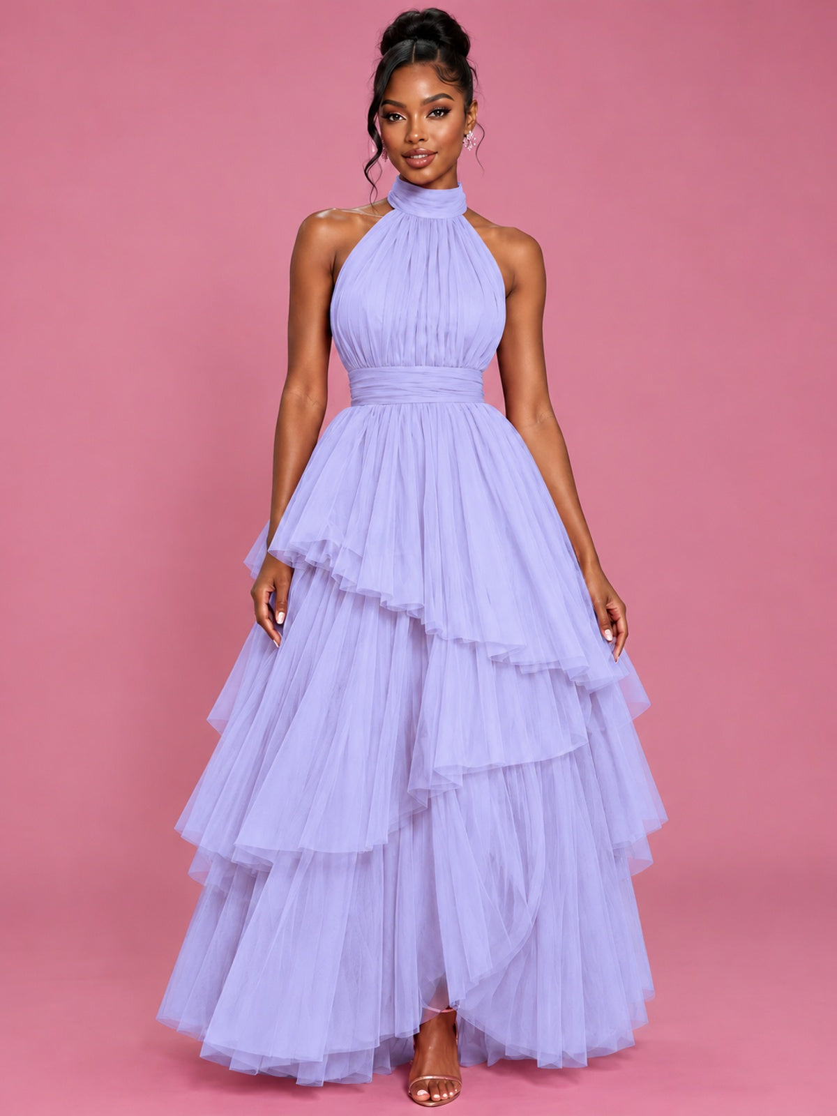 Hot Pink Tulle Halter Neck Tiered Ruffle Maxi Dress