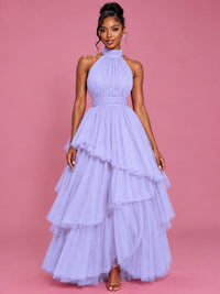 Hot Pink Tulle Halter Neck Tiered Ruffle Maxi Dress