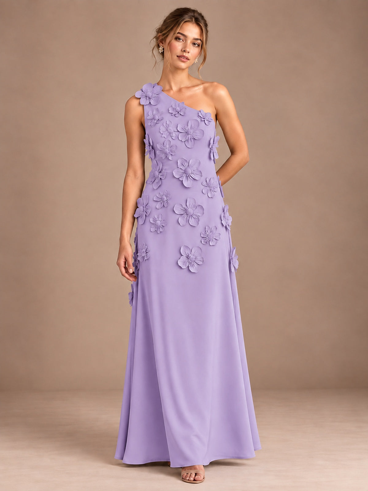 Lavender- One Shoulder Satin Formal Maxi Dress with 3D Floral