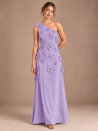 Lavender- One Shoulder Satin Formal Maxi Dress with 3D Floral