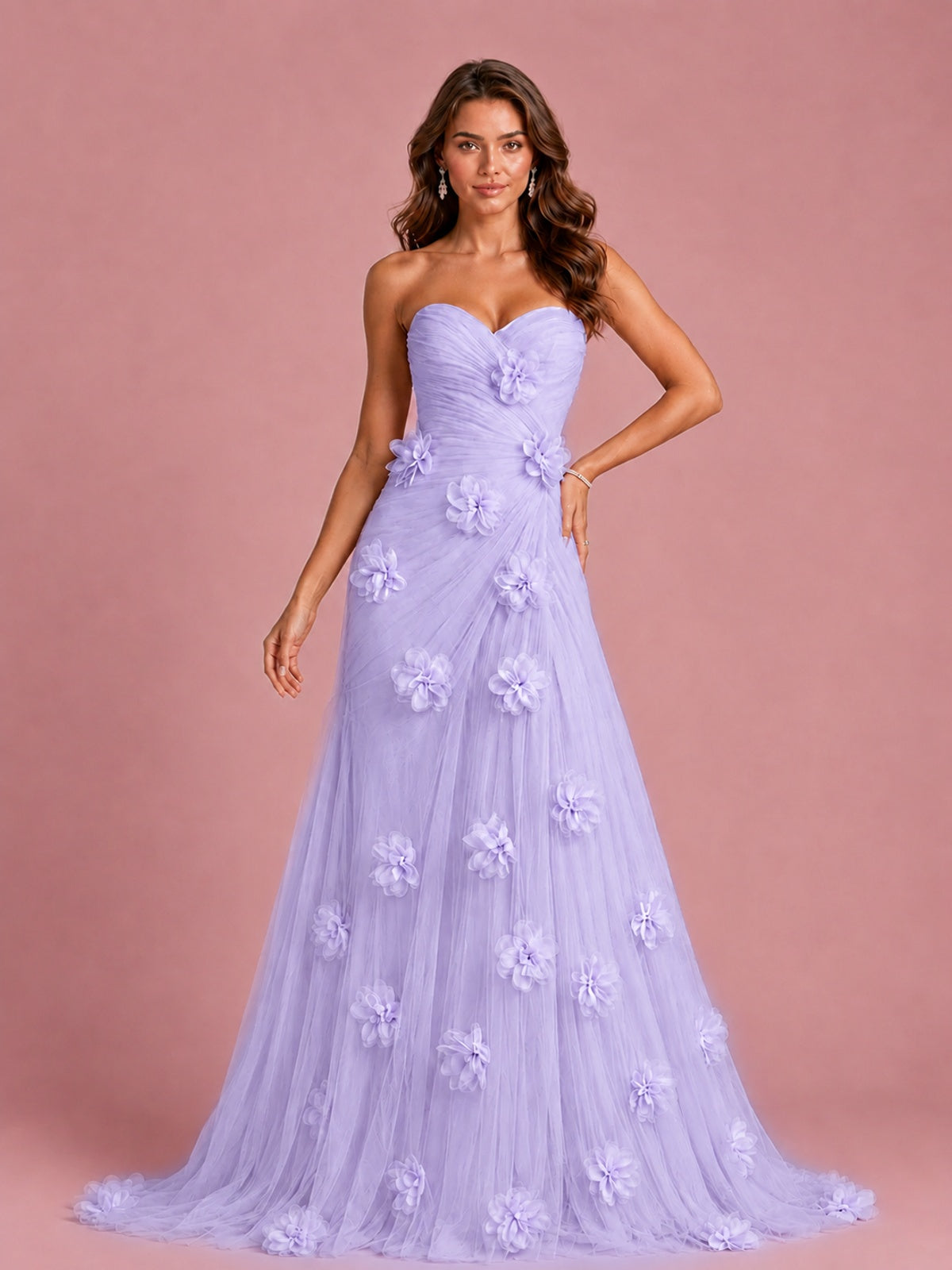 3D Floral Applique Strapless Tulle Prom Dress with High Slit
