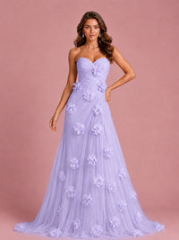 3D Floral Applique Strapless Tulle Prom Dress with High Slit