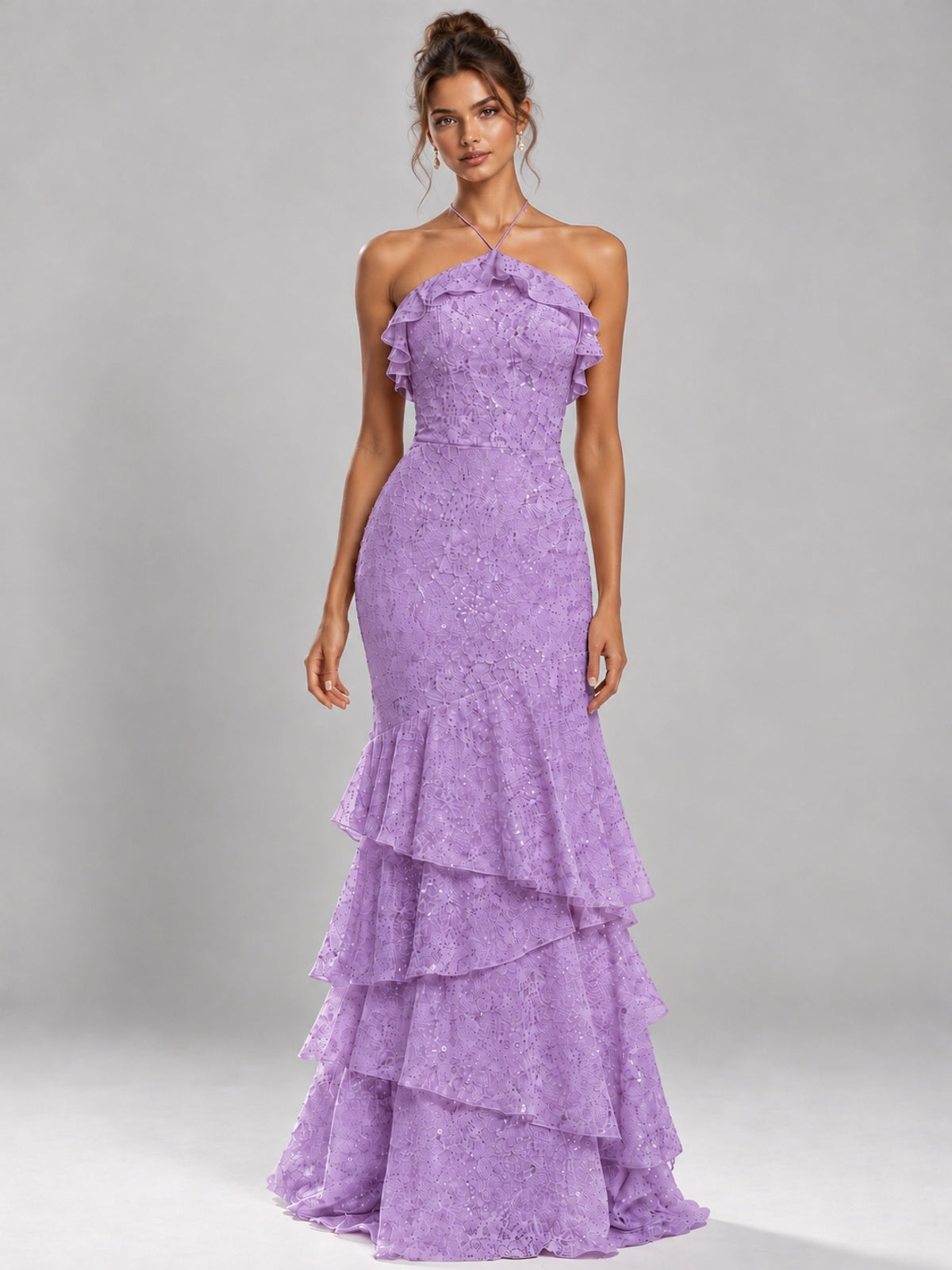Halter Tiered Mermaid Prom Dress with Sparkly Lace