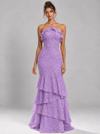 Halter Tiered Mermaid Prom Dress with Sparkly Lace