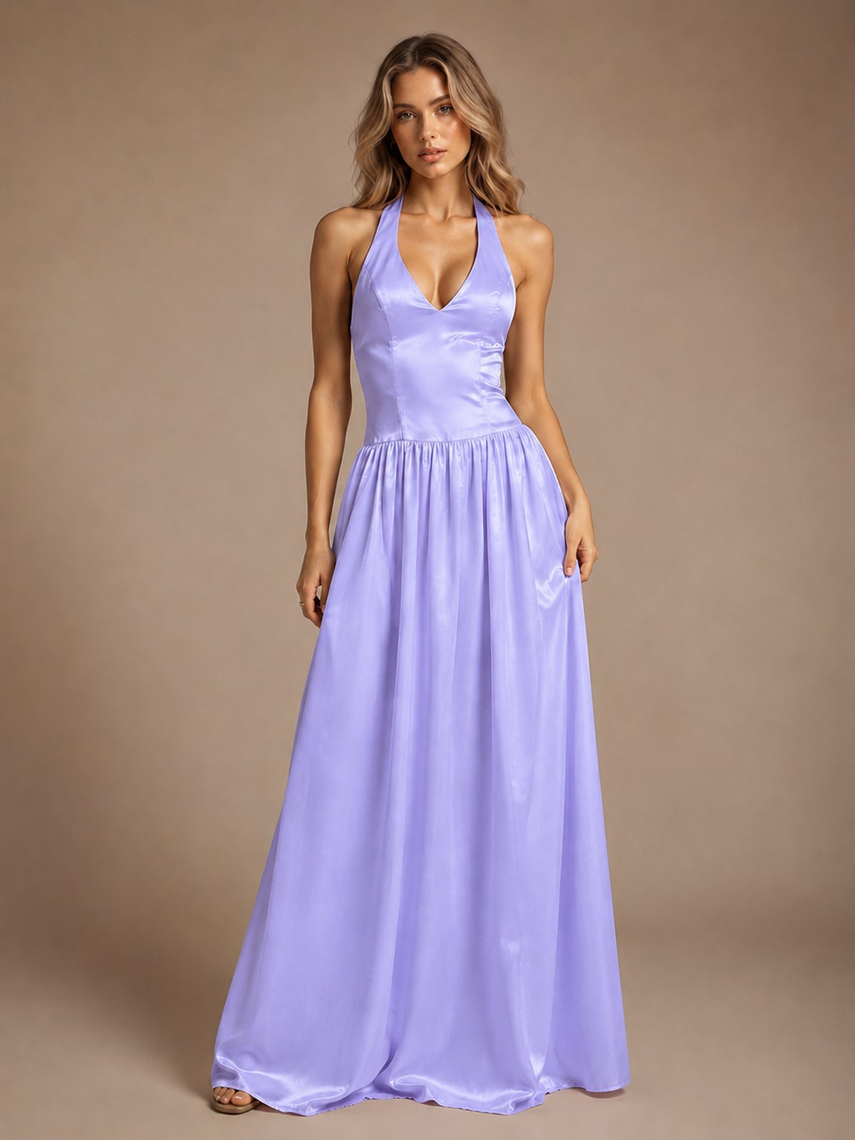 Pink V Neck Halter Satin Maxi Dress