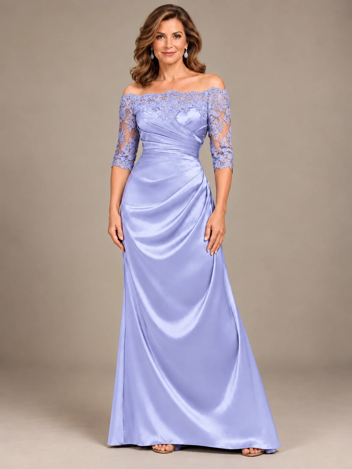 Satin Mother of the Bride Dress with Lace Sleeves Off Shoulder Formal Gown
