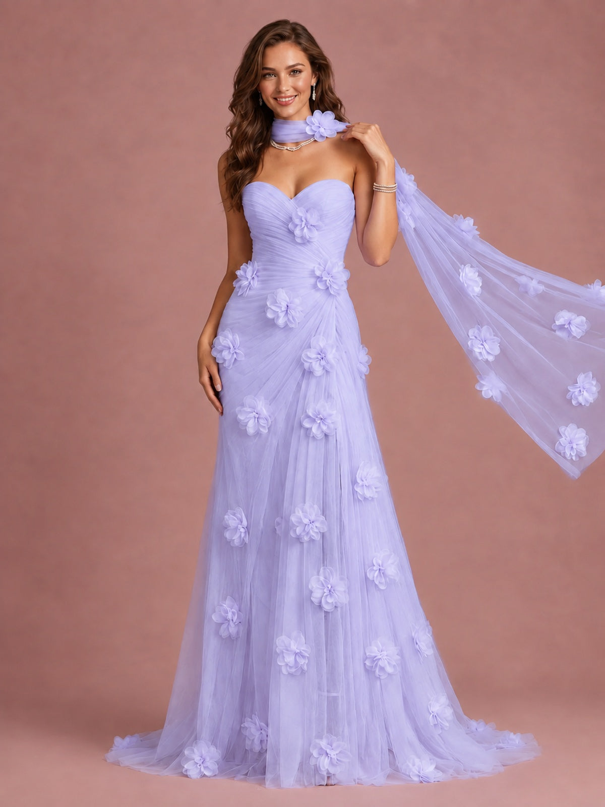 Blush Pink Strapless Sweetheart 3D Floral Tulle Mermaid Prom Dress