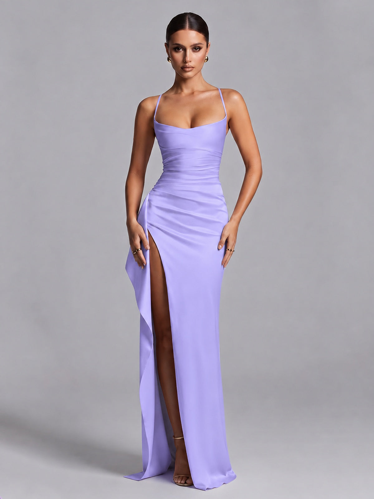 Lavender Squre Neck Pleated Satin Prom Dresses for Teens Women Long Evening Formal Gown with Slit Ruffles