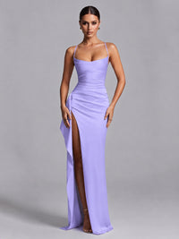 Lavender Squre Neck Pleated Satin Prom Dresses for Teens Women Long Evening Formal Gown with Slit Ruffles