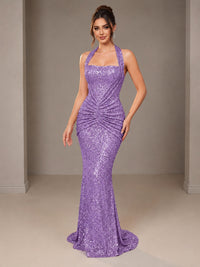 Lavender Halter Sequin Mermiad Ruched Prom Dress Long Ruched Eveing Gown
