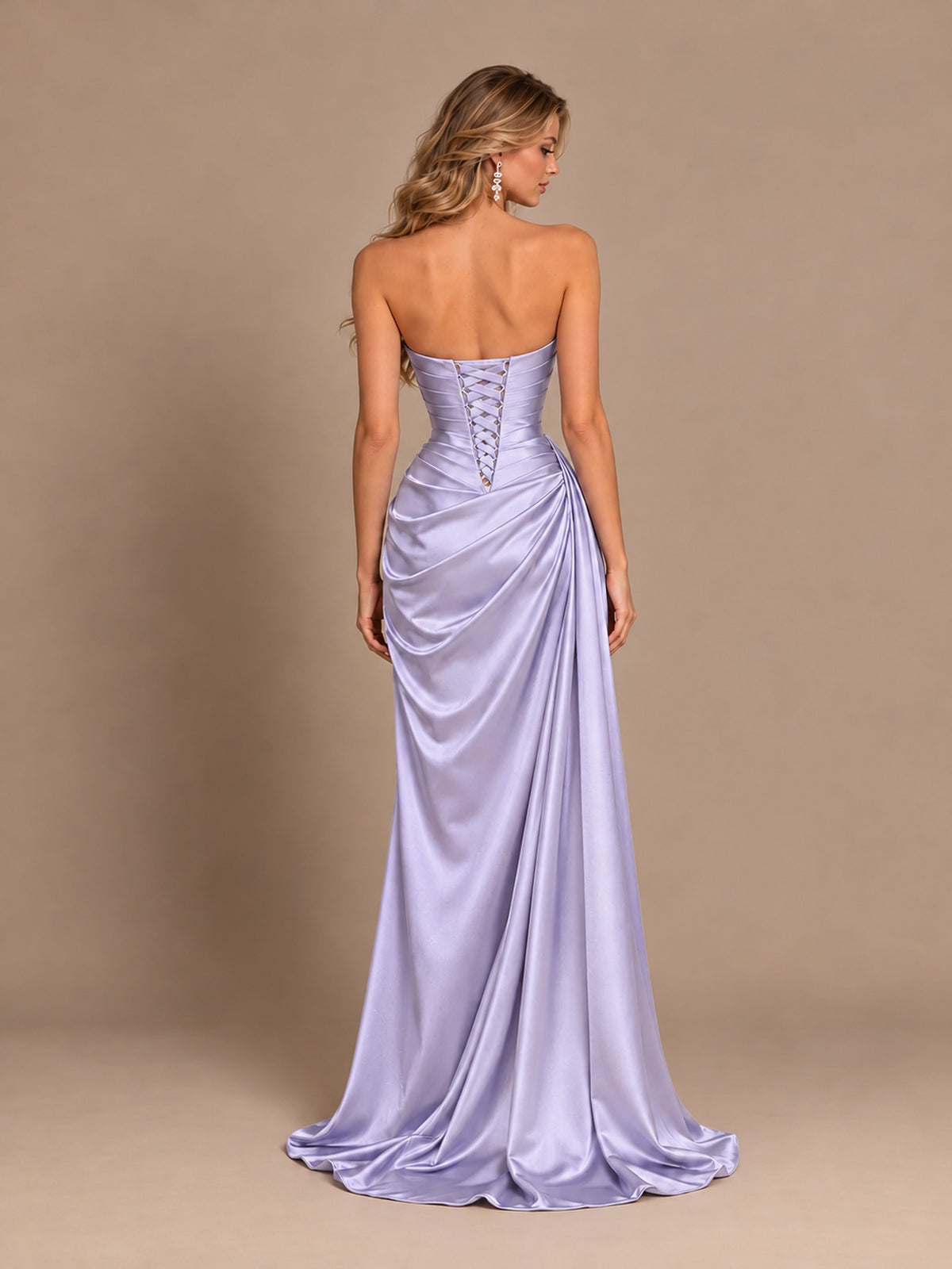 Dusty Blue Strapless Satin Prom Dress with Ruched Bodice and Slit