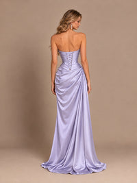 Dusty Blue Strapless Satin Prom Dress with Ruched Bodice and Slit