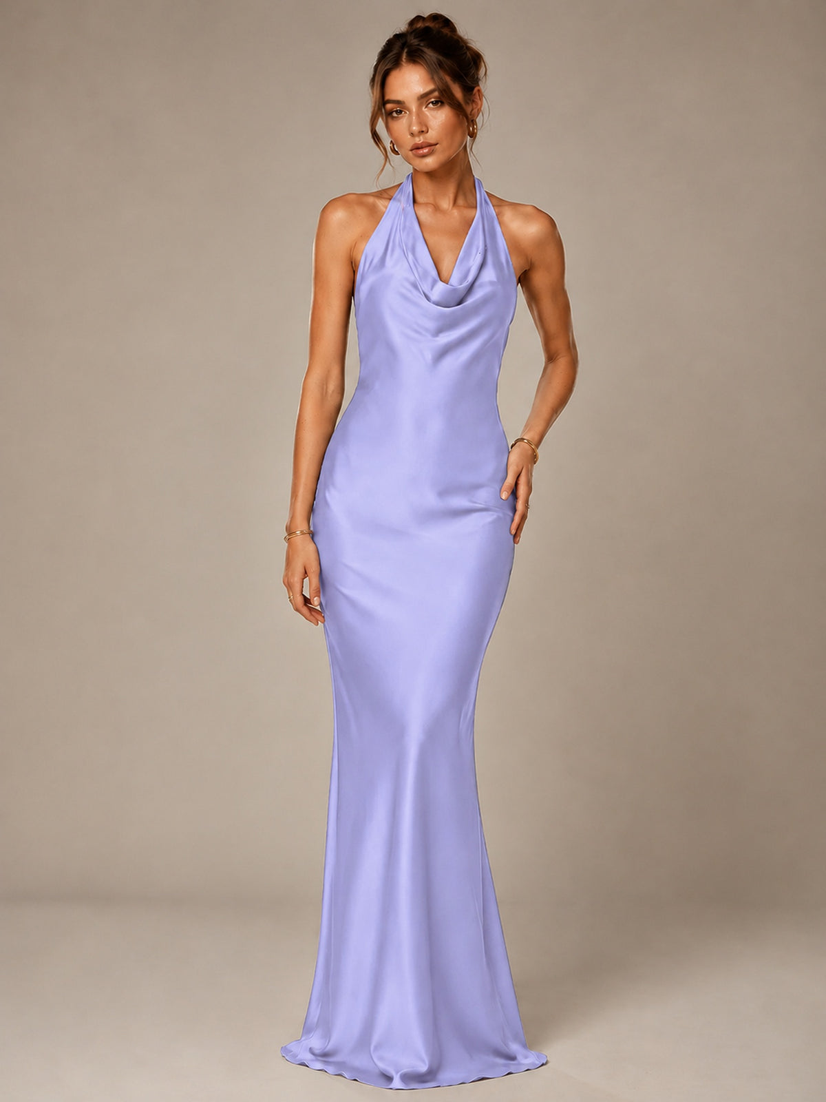 Olive Green Halter Satin Mermaid Maxi Dress