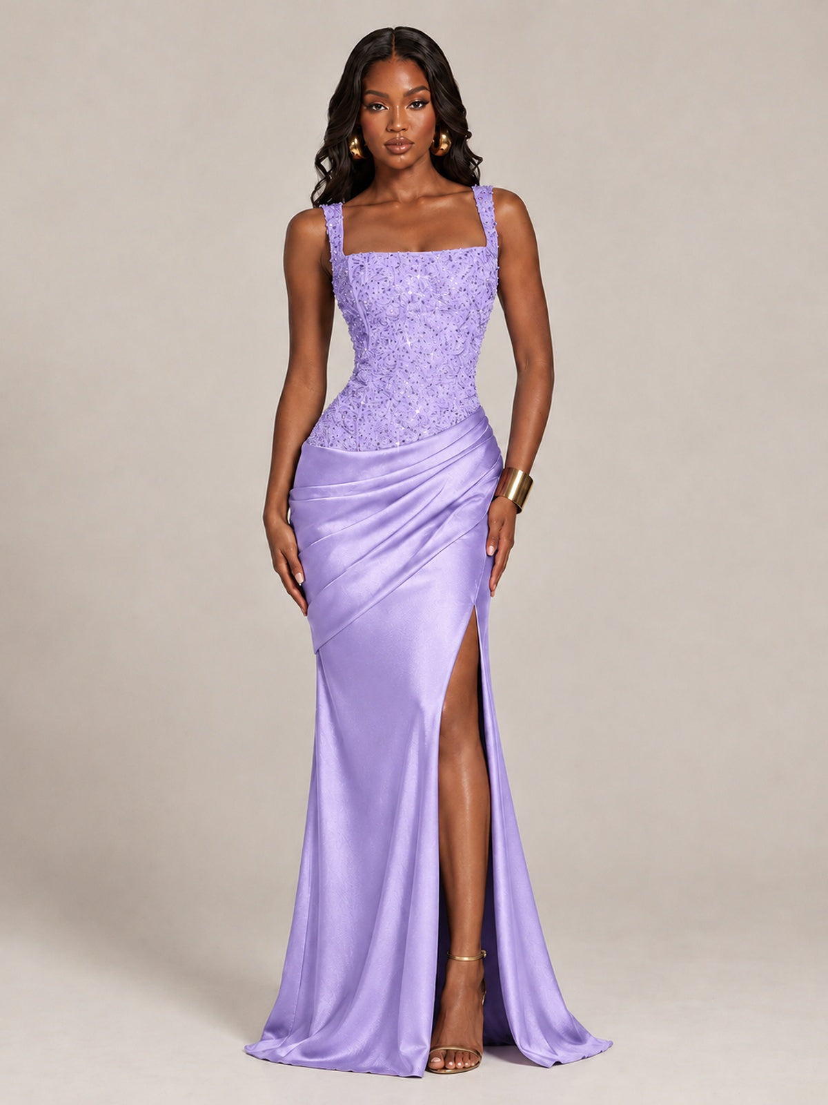 Scoop Neck Sequin Prom Dress with High Slit Satin Formal Gowns