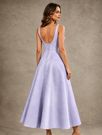 Tea-Length Satin Mother of the Bride Dress with 3D Flower Detail