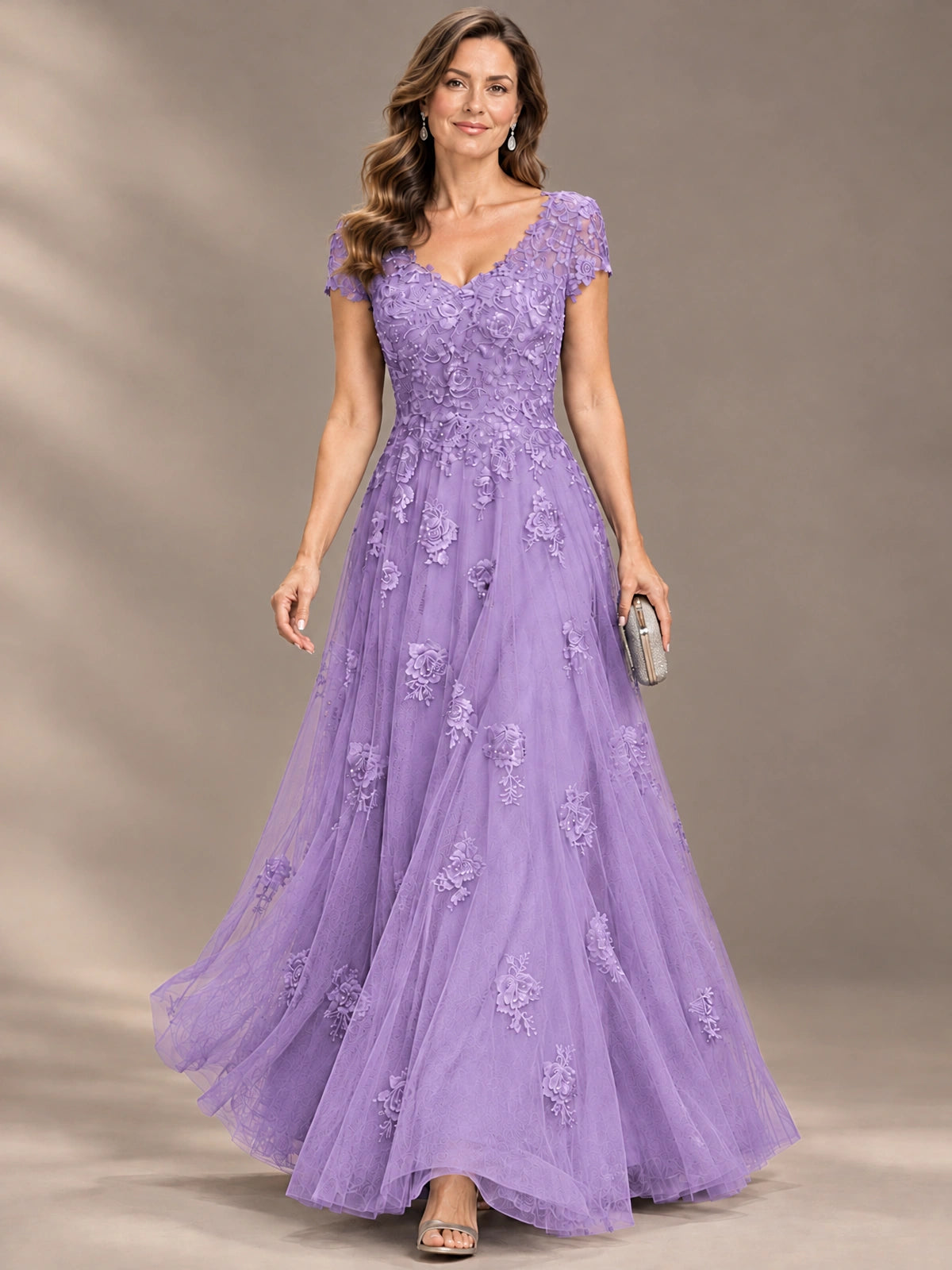 Lace Appliques A-line Mother of The Bride Dresses with Short Sleeves