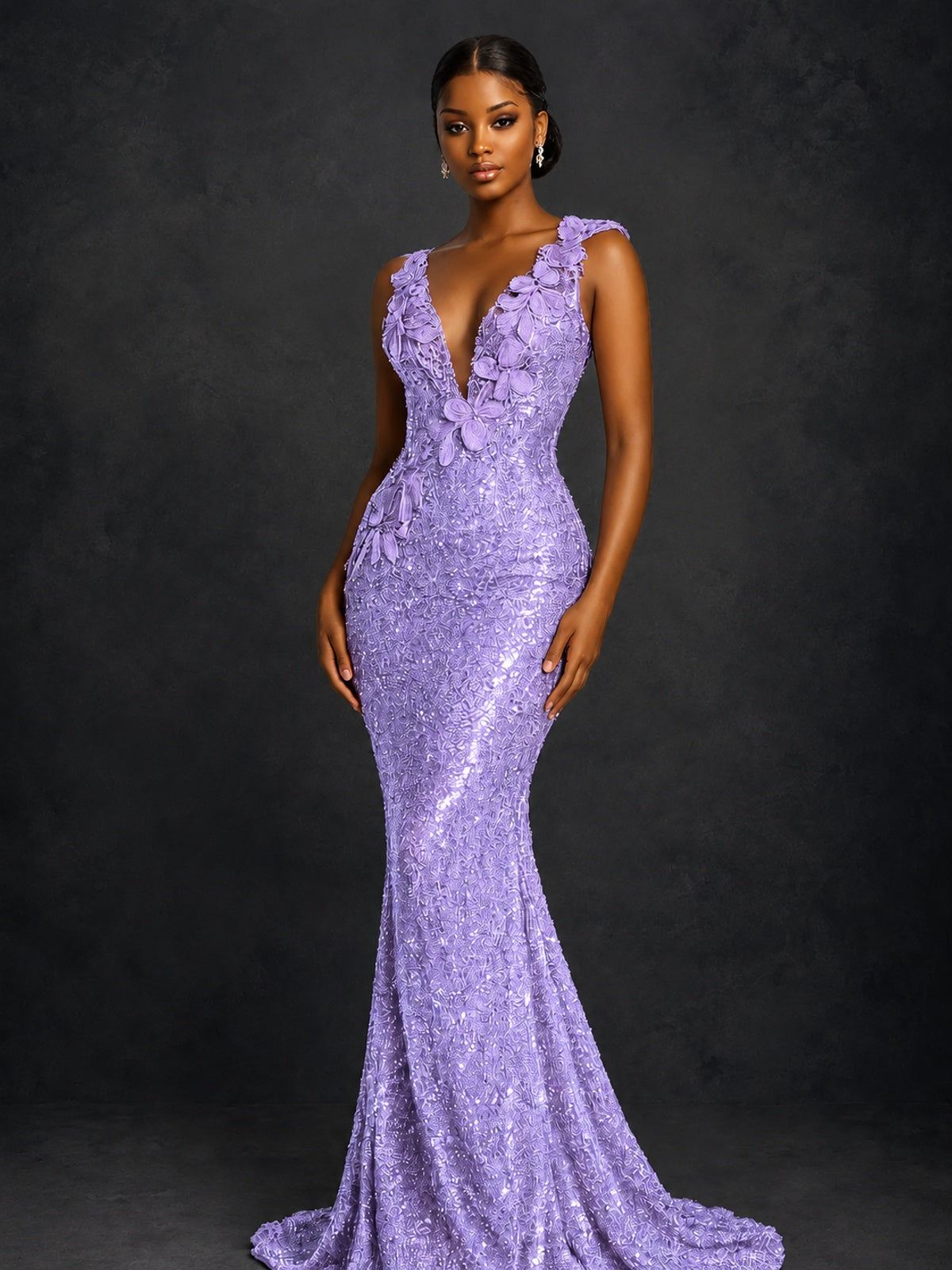 Gold Sequin Floral Applique Mermaid Prom Dress