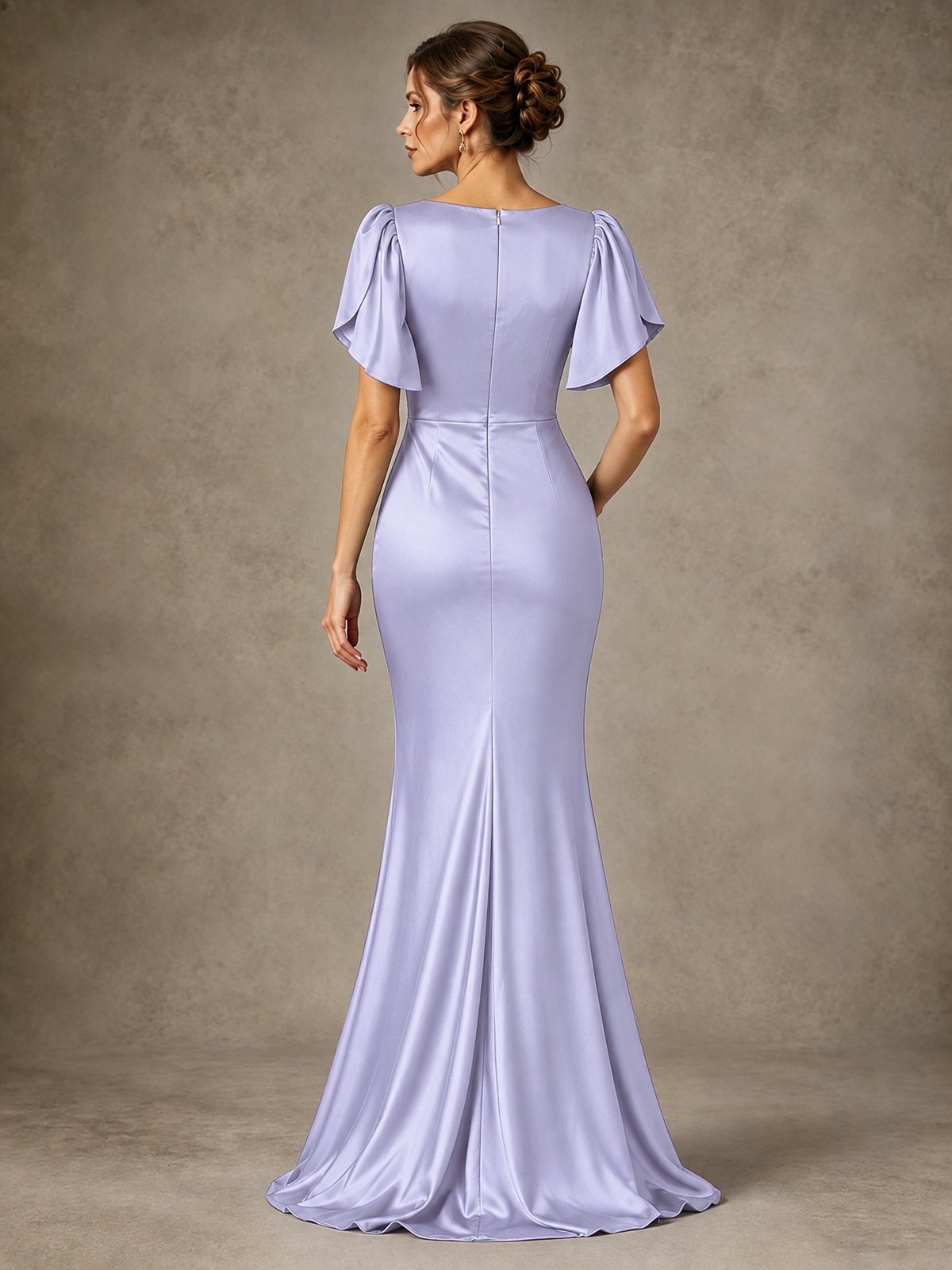 V-Neck Satin Mother of the Bride Dress with Flutter Sleeves