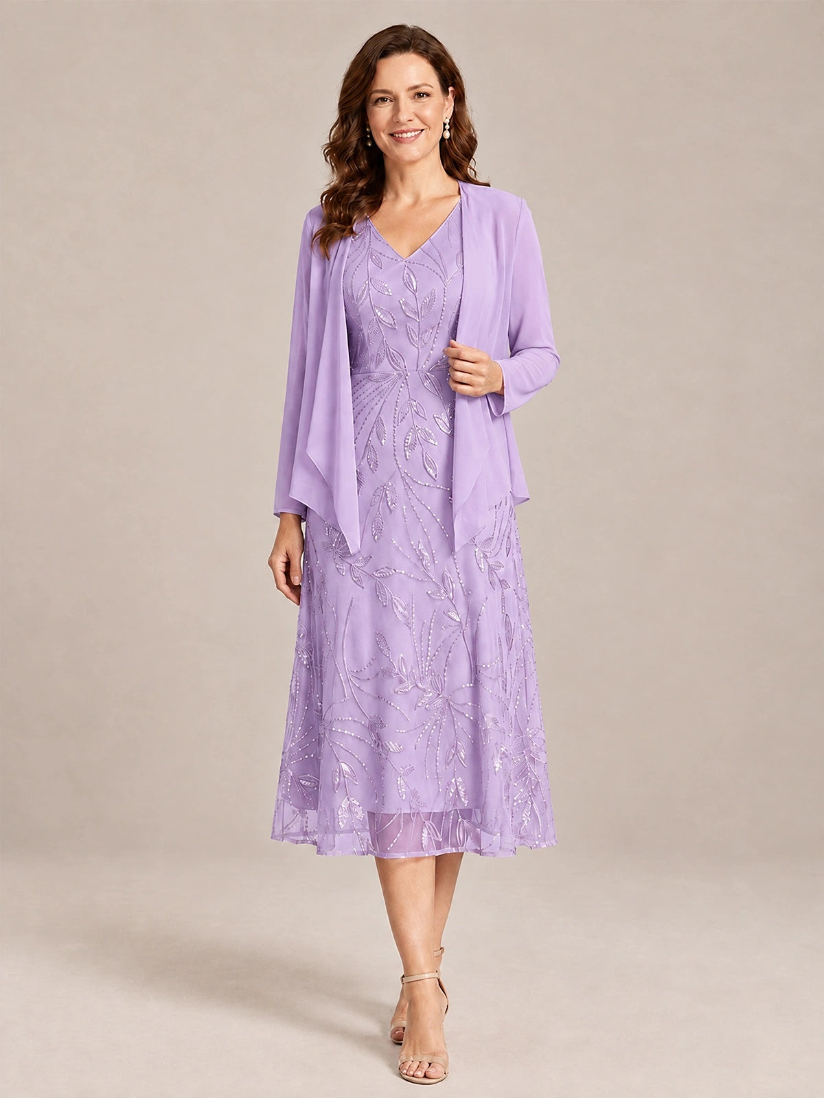 Lavender-2 Piece Lace Appliques Chiffon Mother of The Bride Dress with Sequin