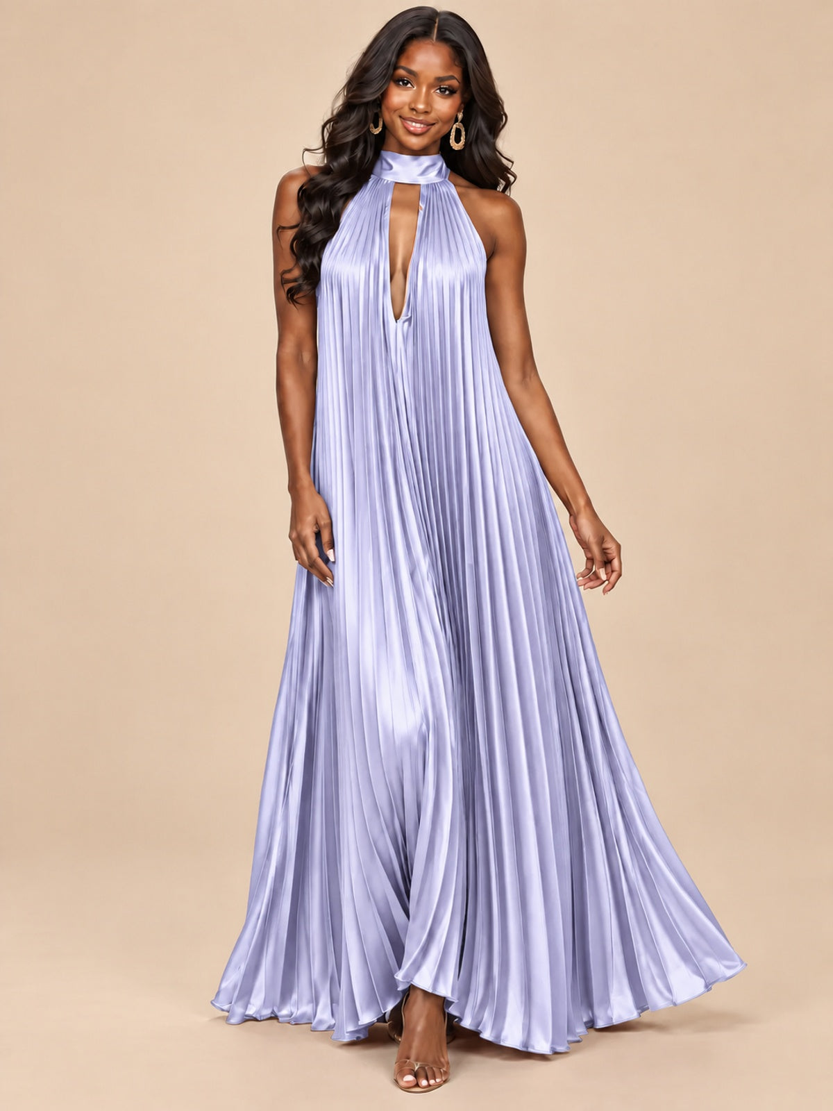 Rust Orange Pleated Halter Neck Maxi Dress