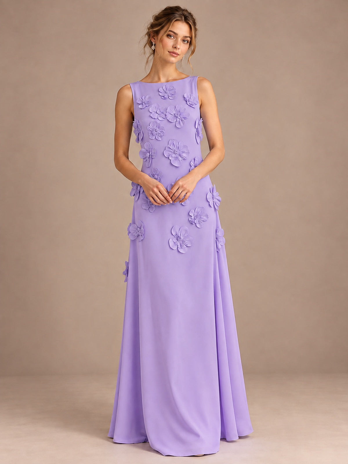 3D Floral Applique Sleeveless Formal Maxi Dress