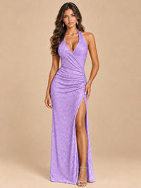 Lavender-Blush Pink Halter V-Neck Sequin Mermaid Prom Dress with High Slit Jovellee