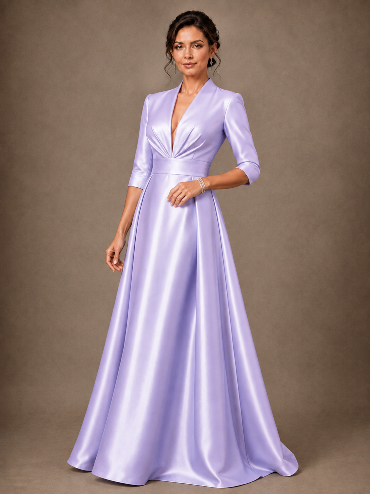 V-Neck Pleated Satin Mother of the Bride Gown with 3/4 Sleeves