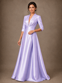 V-Neck Pleated Satin Mother of the Bride Gown with 3/4 Sleeves