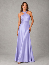 Sage Green Satin A-Line Bridesmaid Dress with Halter Neck