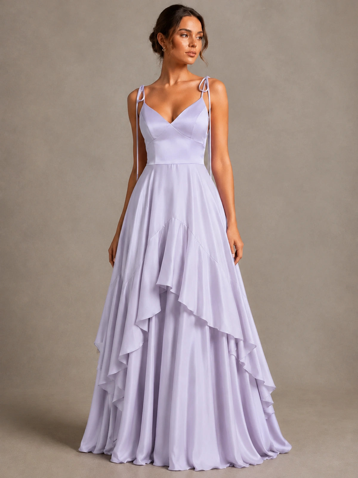 Lavender Satin V-Neck Ruffle Maxi Dress