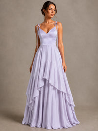 Lavender Satin V-Neck Ruffle Maxi Dress