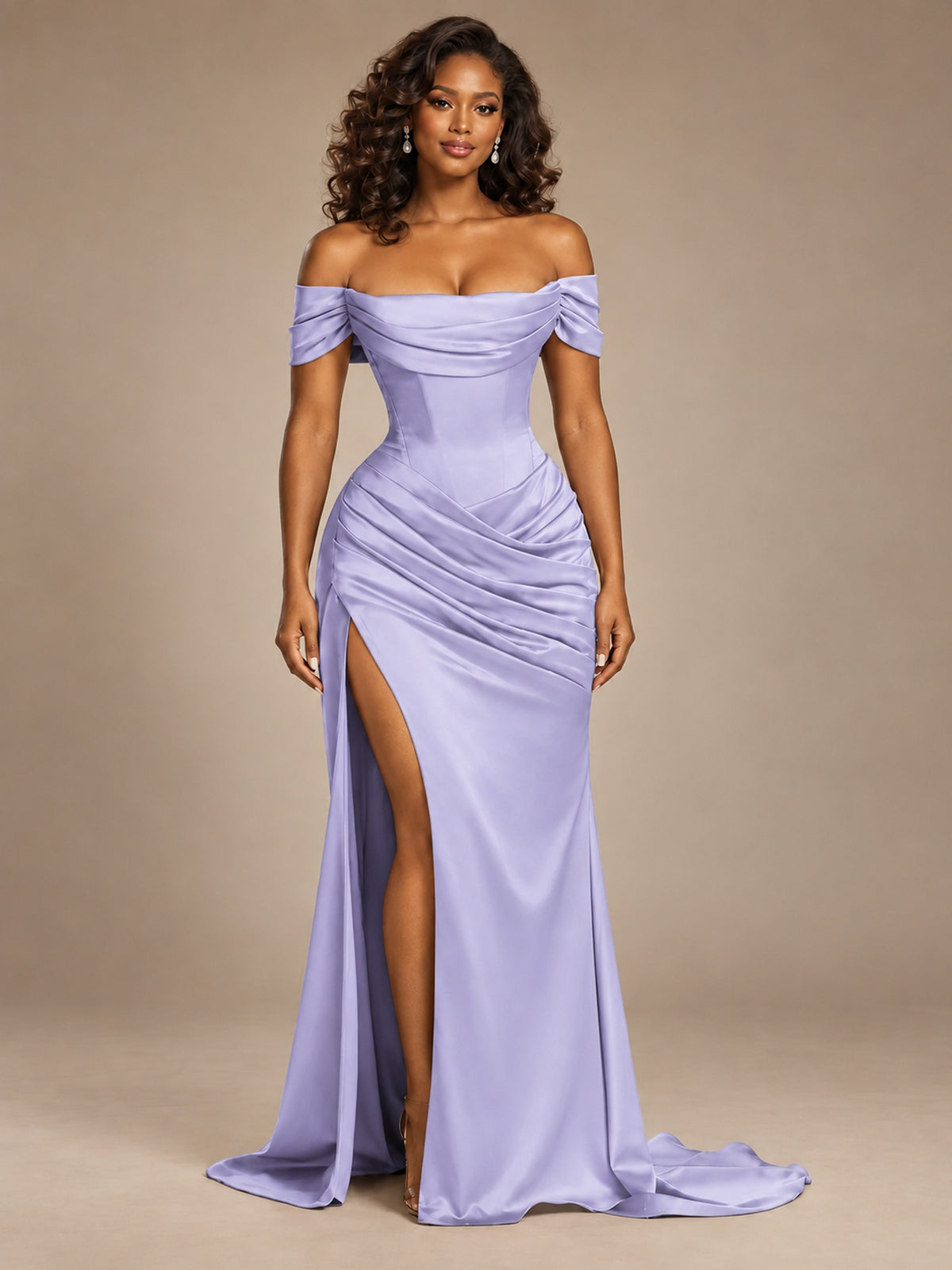 Burgundy Off-the-Shoulder Satin Corset Prom Dress with Slit