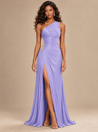 Burgundy One Shoulder Ruched Prom Dress with High Slit & Beaded Waist