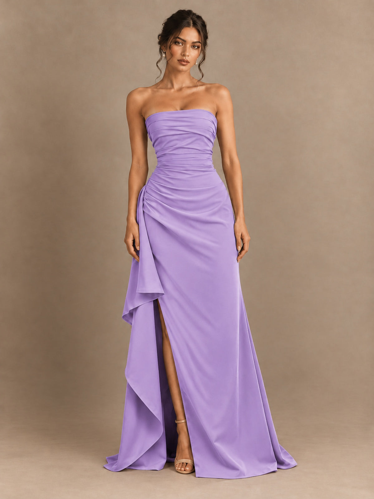 Black and White Strapless Ruched Prom Dress with High Slit & Side Drape
