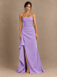 Black and White Strapless Ruched Prom Dress with High Slit & Side Drape