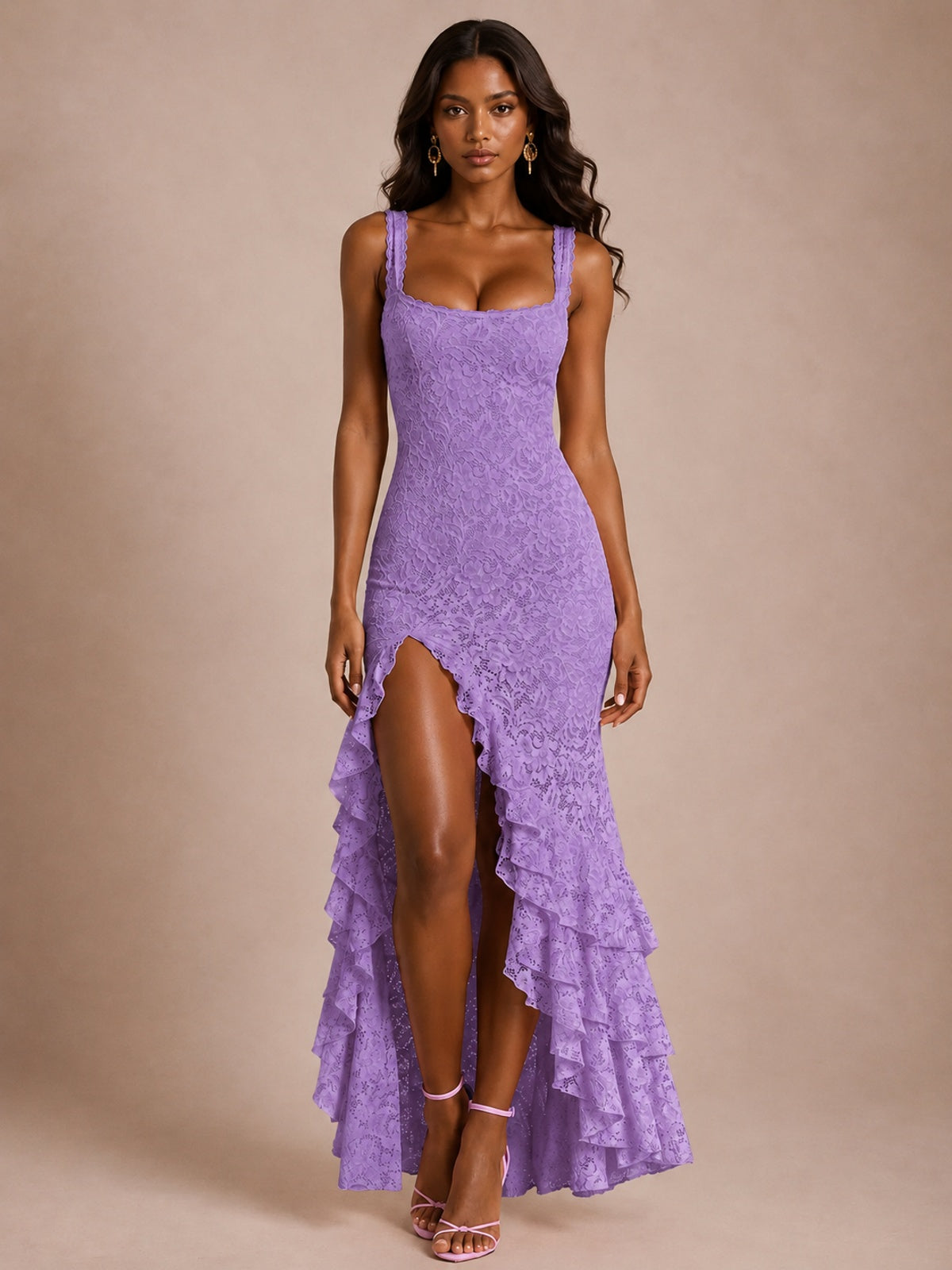 Square-Neck Lace Ruffle High-Low Maxi Dress
