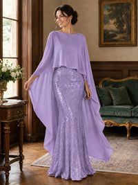 Sequin 2 Pieces Mother of the Bride Dress with Cap Sleeves Chiffon Formal Gowns