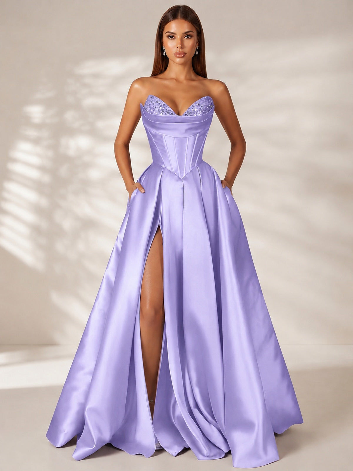 Lavender Strapless Corset Satin Prom Dress Long Evening Gown with High Slit