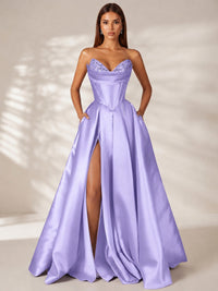 Lavender Strapless Corset Satin Prom Dress Long Evening Gown with High Slit