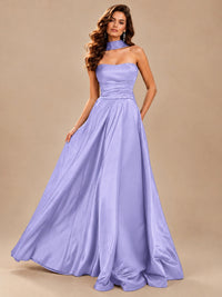Strapless Prom Dress Side High Slit A-line Formal Dress with Scarf